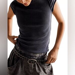 Free People We The Free Ever Had Tee Ribbed Crewneck Top Black Sz XL NWOT